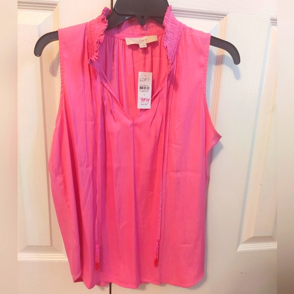 LOFT New Vibrant Pink Ruffle Neck Blouse - Picture 1 of 4